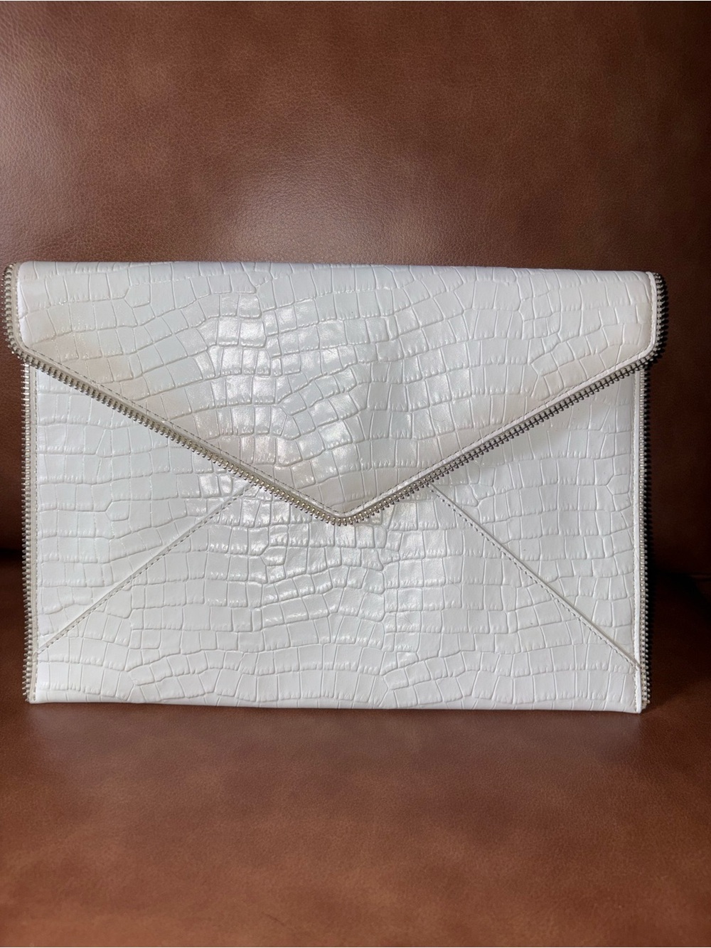 Rebecca Minkoff White Croc-Embossed Zip-Trim Envelope Clutch